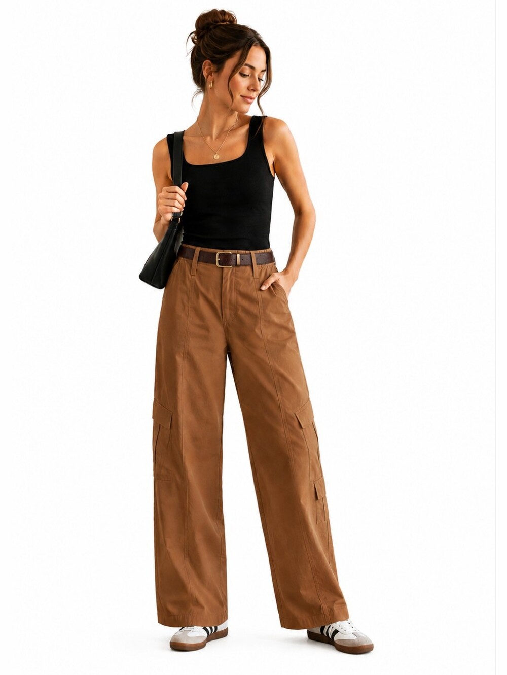Elodie Wide-Leg Cargo Pants in Brown
